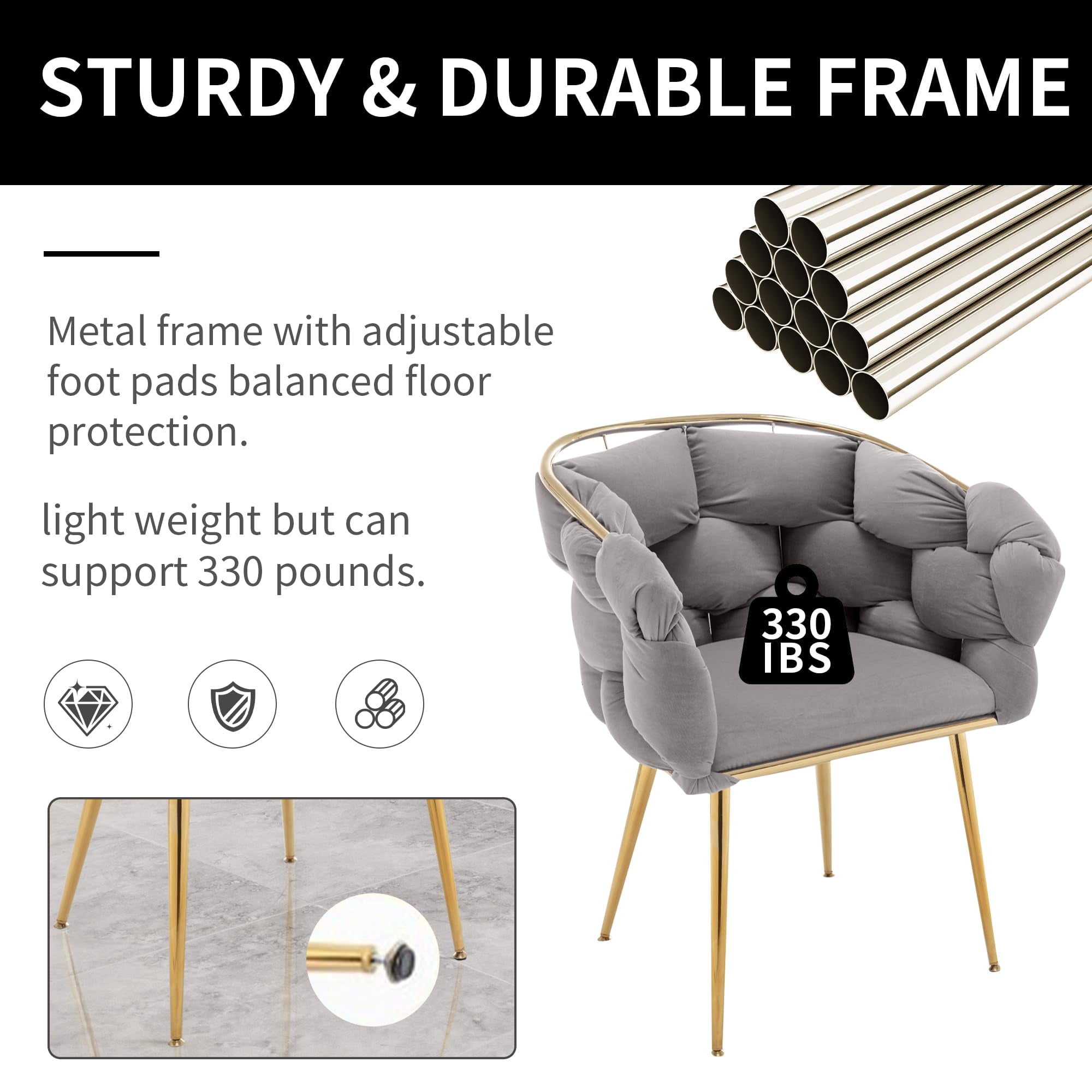 LEHZROAJ Modern Upholstered Dining Chairs Set of 1,Side Chair Oversize Gold Metal Leg for Dining Room,Kitchen,Restaurant(Gray)