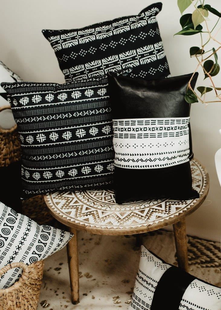 MudCloth Pillow Covers Black and White Faux Leather Throw Pillow