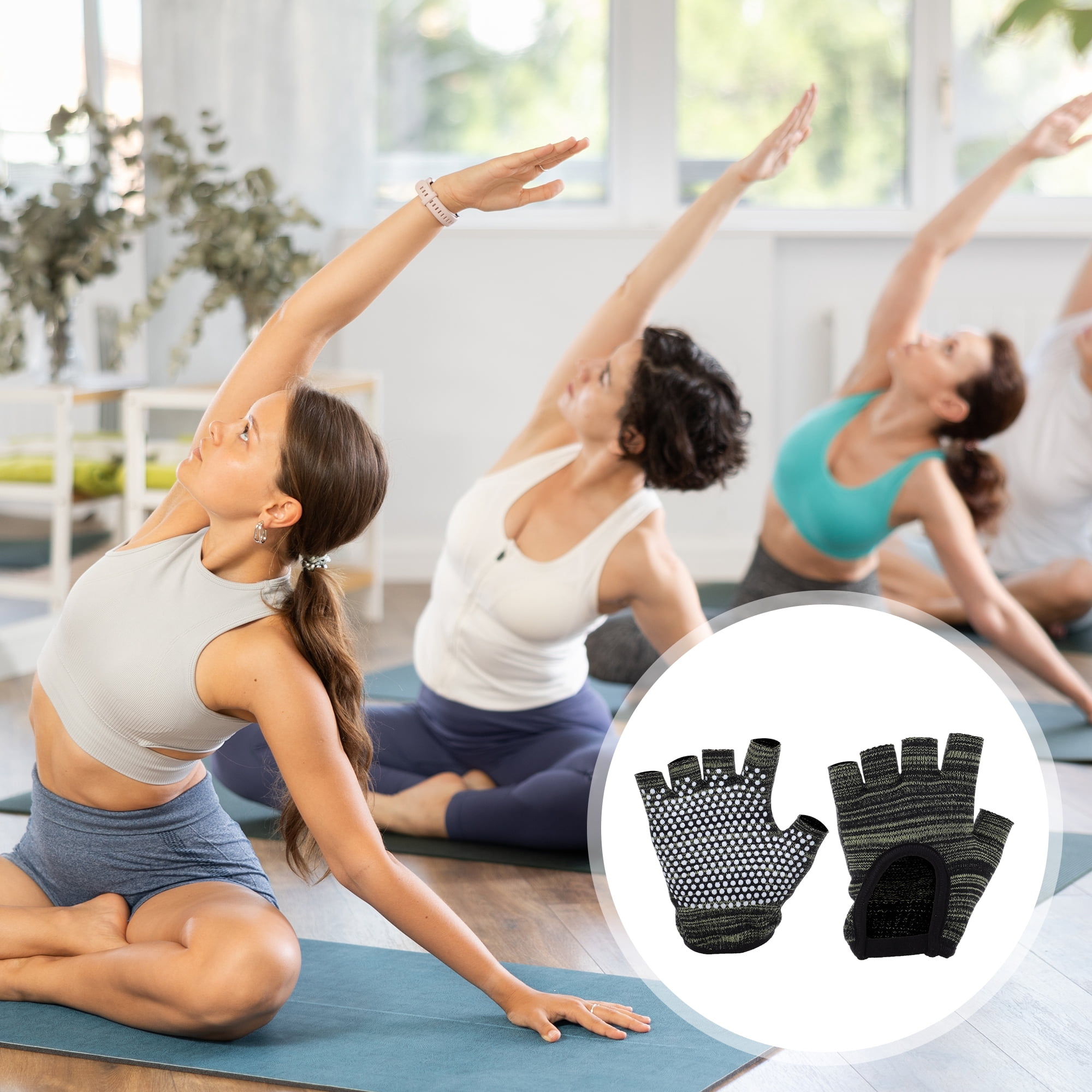 Unique Bargains Non-slip Fingerless Yoga Gloves One Size Black, Green