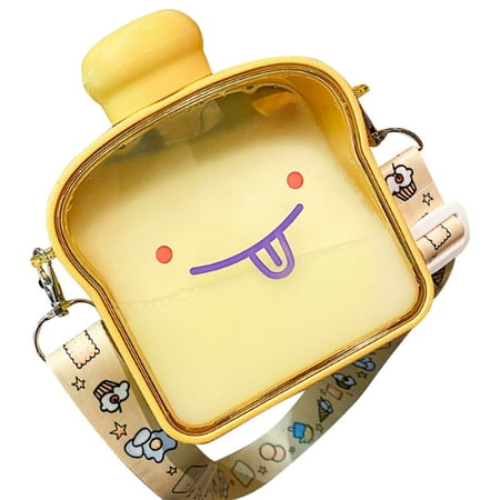 

Bread Water Bottle | 380ml Toast Design Water Bottle | Cute Expression Design Flat Mug Students Summer Portable Leak-Proof Juice Cup With Adjustable Strap