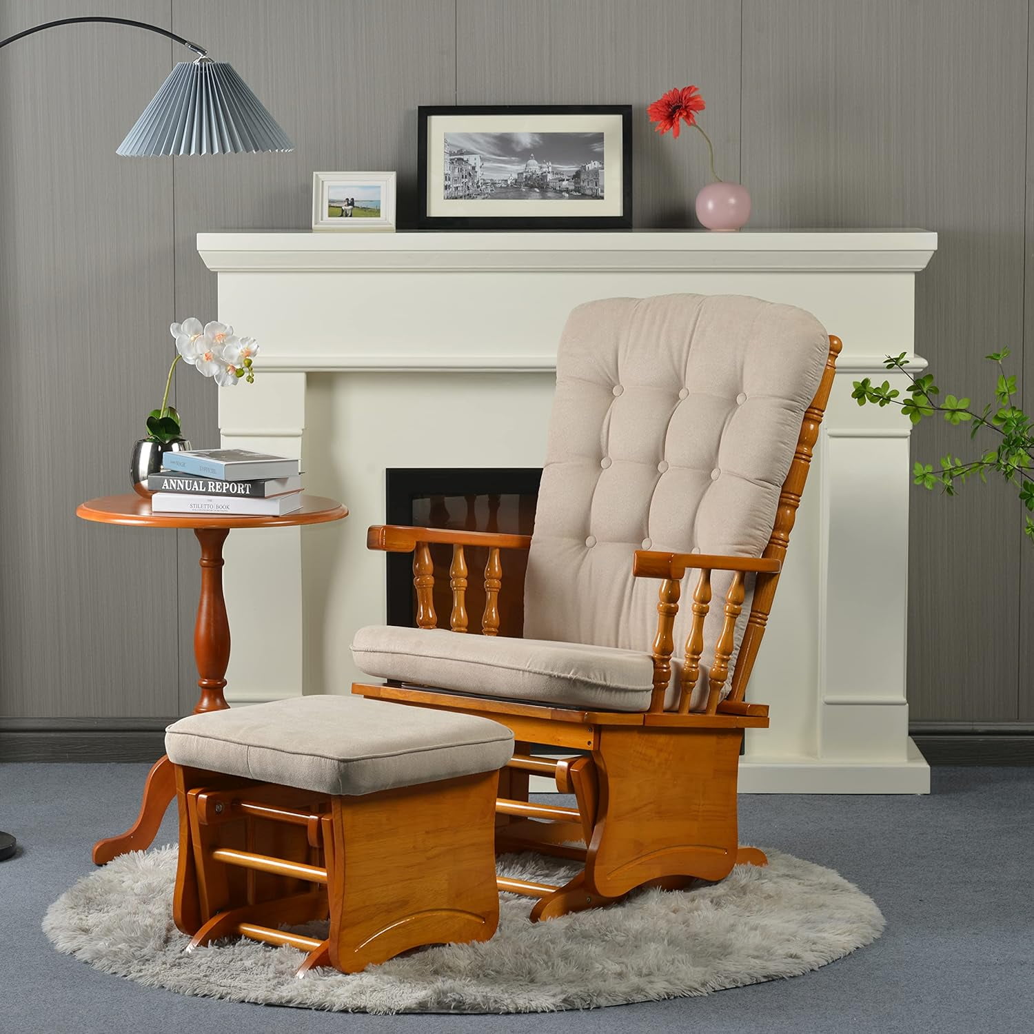 Anti-Pinch Hand Glider Chair for Nursery with Ottoman, Resistant Rubber Wood Glider Rocking Chair Sets for Nursing, Relaxing, Living Room, Bedroom, Rustic Brown