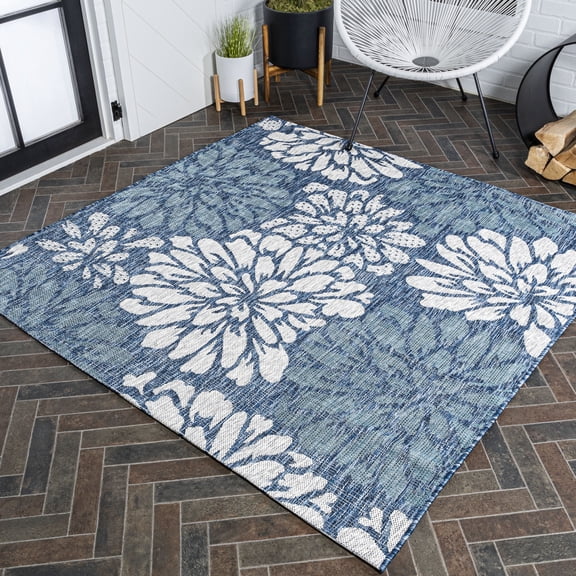 JONATHAN Y SANTA MONICA 4' Square Area Rug, Zinnia Floral Textured Weave - Navy/Aqua, SMB110C-4SQ