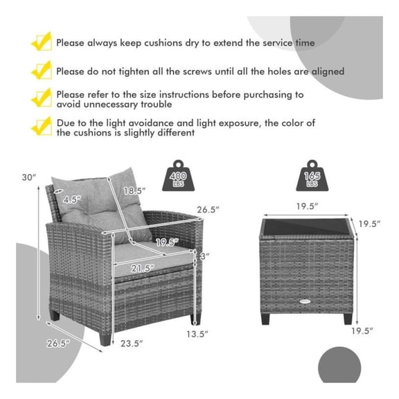 3 Pieces Outdoor Wicker Conversation Set with Tempered Glass Table, Mix Gray PE Rattan Patio Furniture, Ergonomic Sofa with Cushions for Backyard, Balcony, Poolside