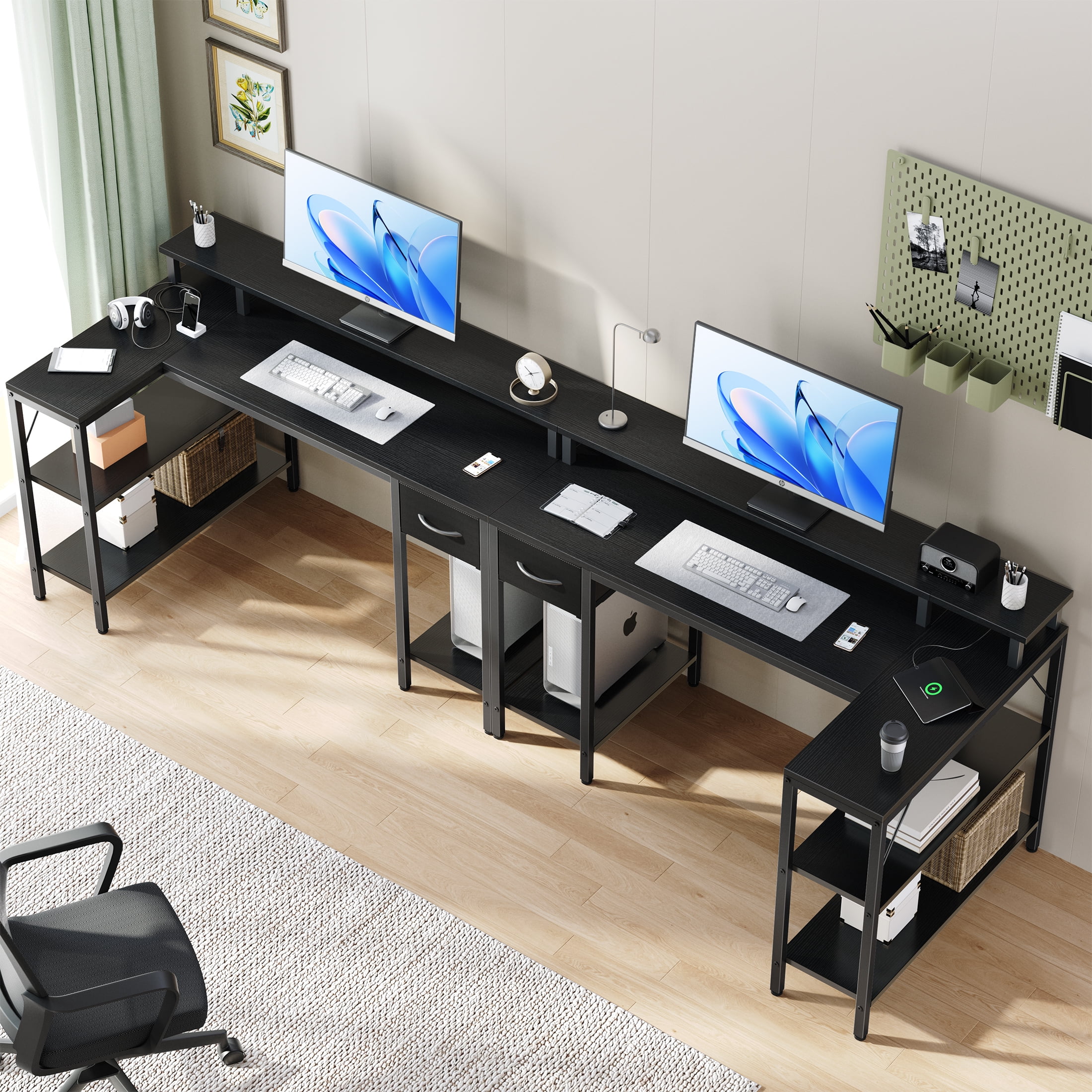 EDX 53 Inch L Shaped Gaming Desk with Power Outlet & LED Light, Reversible Computer Desk with Shelves & Monitor Stand, Corner Desk with Drawer for Home Office, Black