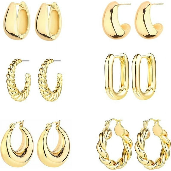 6 Pairs 14K Gold Plated Hoop Earrings for Women Lightweight Chunky Hoop Earrings Multipack Hypoallergenic, Thick Open Twisted Huggie Hoops Earring Set Jewelry for Gifts.