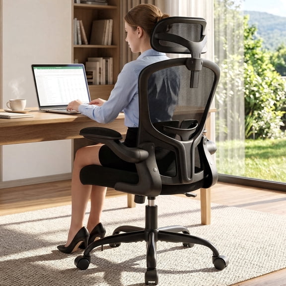 STACOO Office Chair Ergonomic Mesh Desk Chair with Flip-up Arms,Reclining Home Office Chair with Headrest Lumbar Support 300LBS,Black