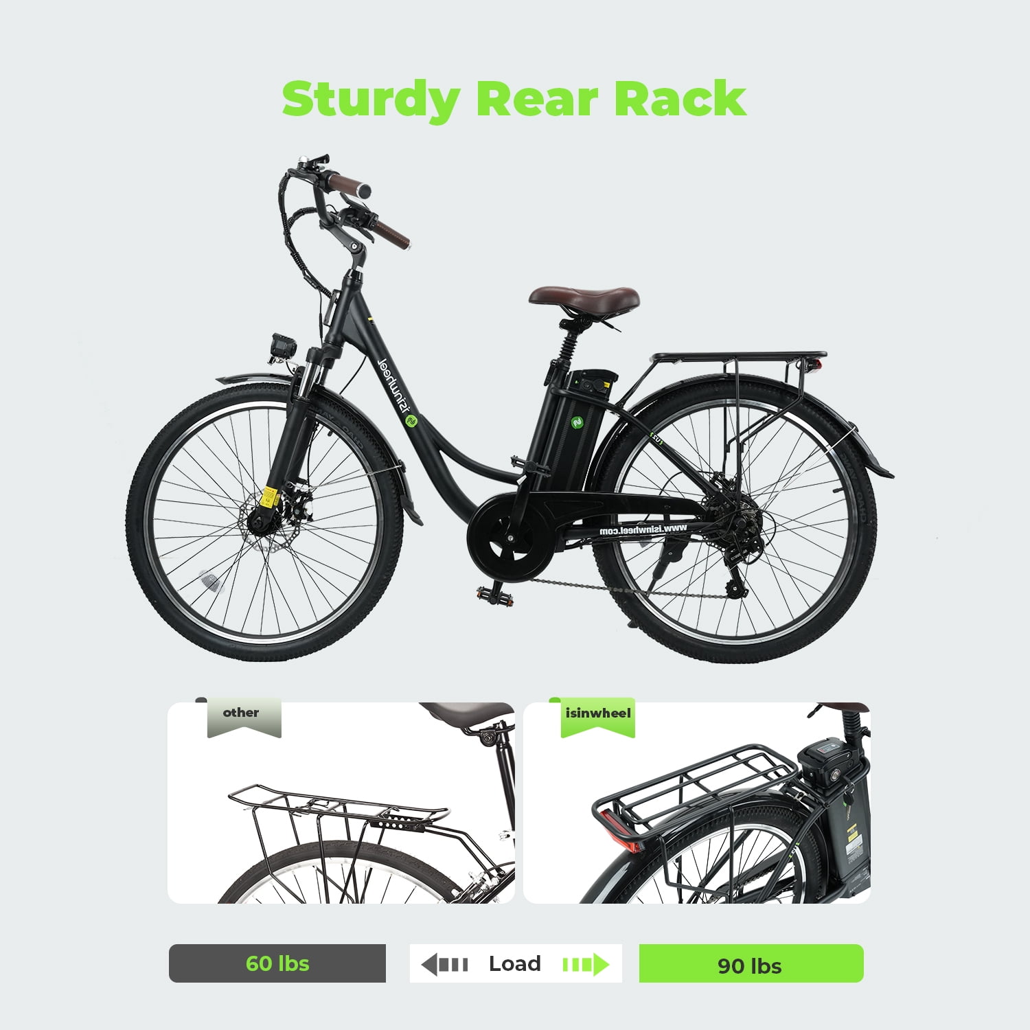isinwheel 26'' Electric Bike for Adults, 350W Electric Cruiser Bicycle up to 45 Miles, Removeable Battery, 7-Speed and Shock Absorber Commuter E-Bike