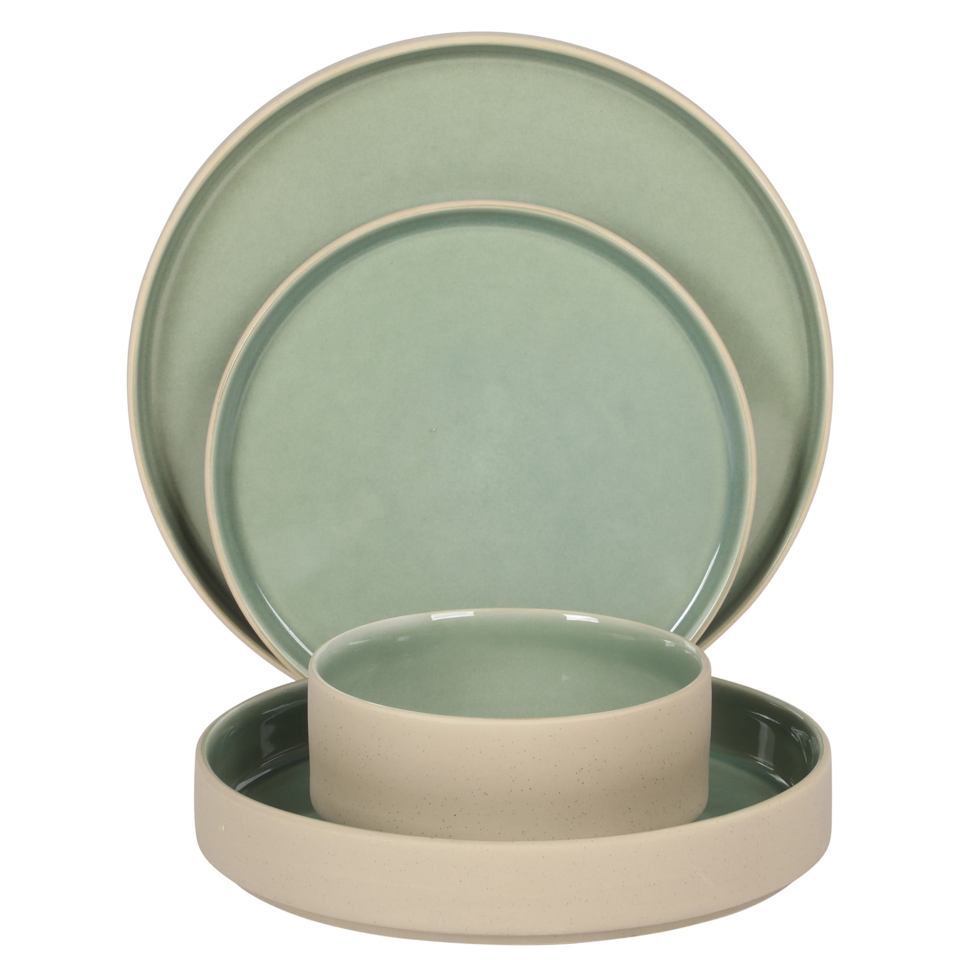 Gibson Elite Liberty Bay 16-Piece Pottery Clay Stoneware Dinnerware Set – Mint Green Reactive Glaze, Stackable Plates and Bowls W/ Pasta Bowl, Service for 4 – Microwave & Dishwasher Safe