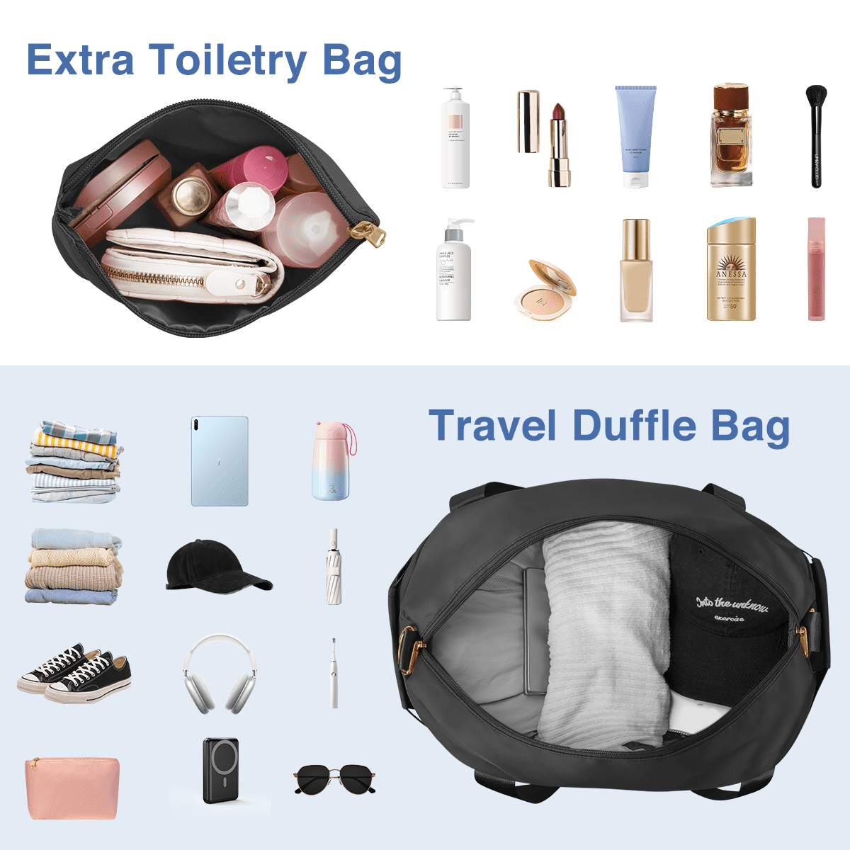 3Pcs Travel Duffel Bag, Tote Gym Bag with Shoes Compartment & Shoes Bag, Weekender Overnight for Women with Wet Pocket & USB Charging Port, Carry On Bag for Women, Travel, Gym, Weekend, Black