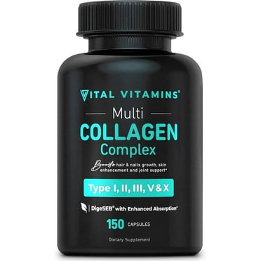 Vital Vitamins Multi Collagen Complex Capsules - Type I, II, III, V, X - Hair, Skin, Nails - 150 Ct