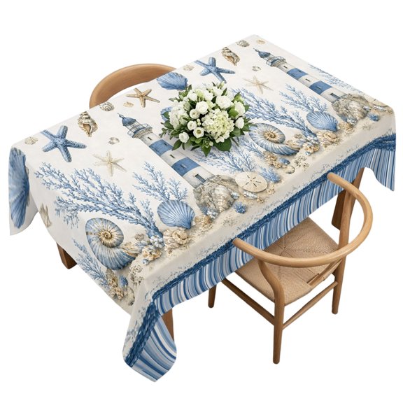 Rectangle Tablecloth, Coastal Lighthouse Blue Stripe Waterproof Table Cloth 60x120 in Ocean Starfish Shell Conch Coral Washable Spillproof Table Cover for Kitchen Dining Party Decor Outdoor Camping