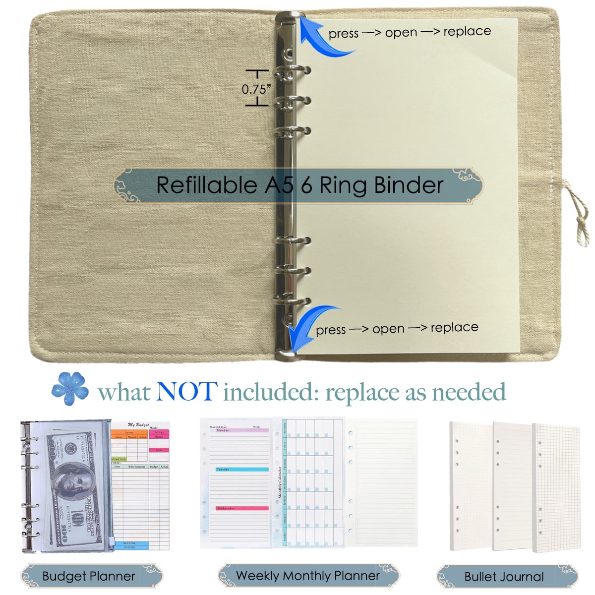 ipoul A5 Binder, 6 Ring Binder, Refillable Notebook, Embroidery Journal, Lined Paper, Gift for Women, Budget Planner, Black Flower