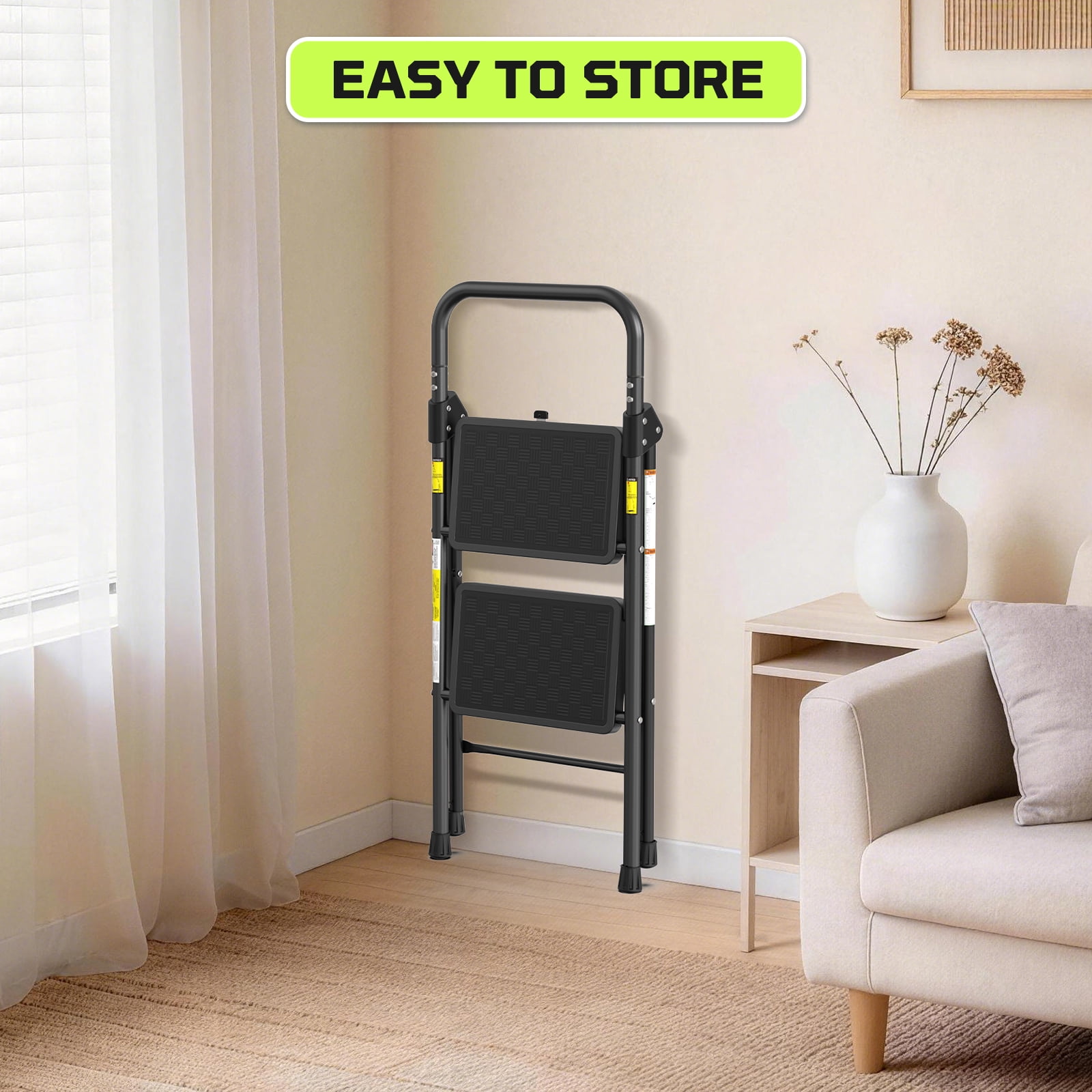 LevLad 2 Step Folding Ladder, Sturdy Steel Step Stool with Handrail & Auto Safety Lock, Ideal for Kitchen, Garage & Outdoor, Black