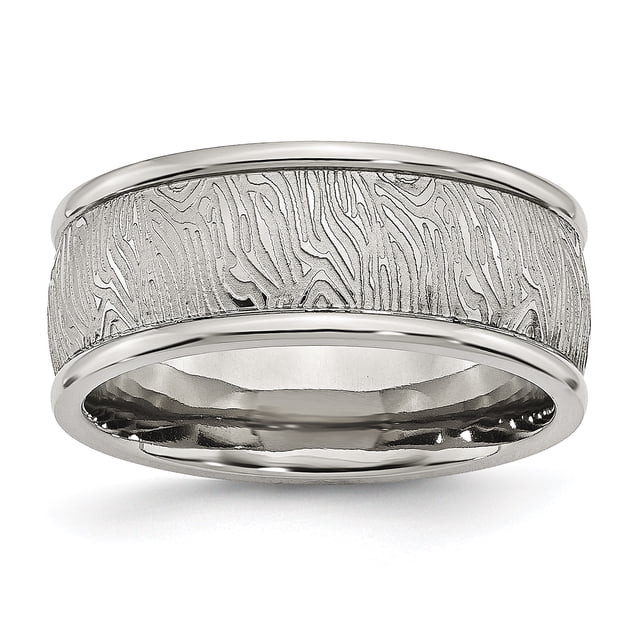 Stainless Steel Polished 9mm Textured Rounded Edge Ring 11 Size