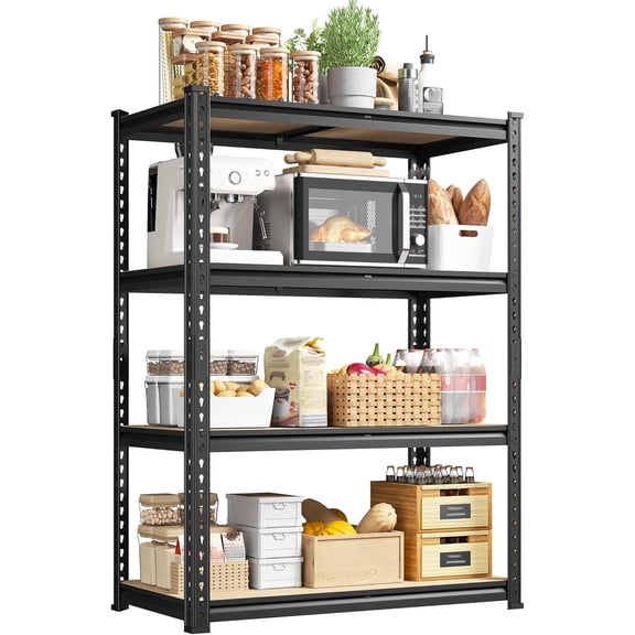 Heavy-Duty 4-Tier Adjustable Black Metal Shelving Unit with Wood-Look Shelves – Ideal for Kitchen, Pantry, Garage & Storage – Supports Up to 300 lbs Per Shelf, Tool-Free Assembly,多色