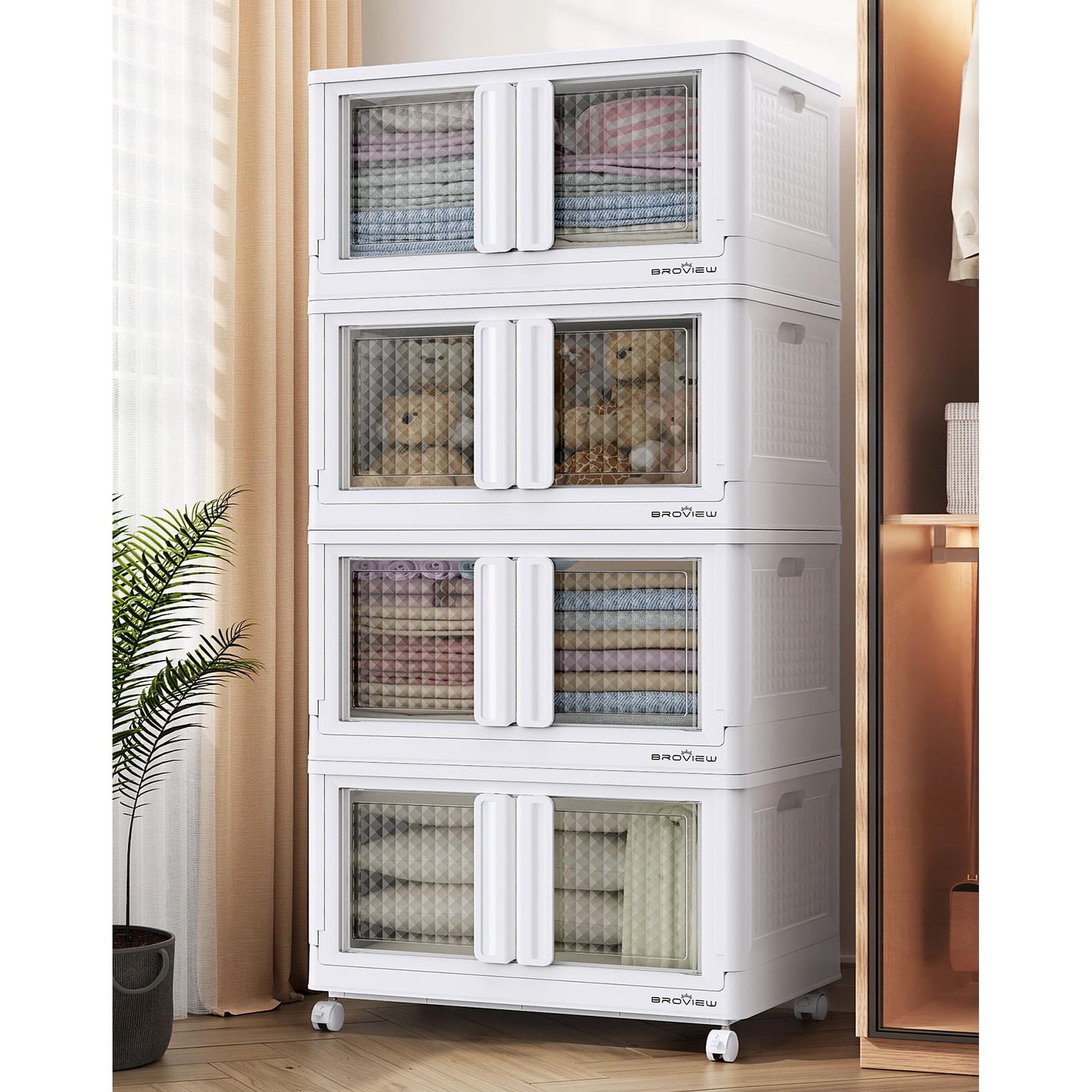 BROVIEW V10 480 Qt Plastic Storage Bins with Lids & Doors, 4 Pack 120Gal Stackable Closet Organizer and Storage Drawers with Wheels, Large Collapsible Storage Boxes, Cabinet for Home, White