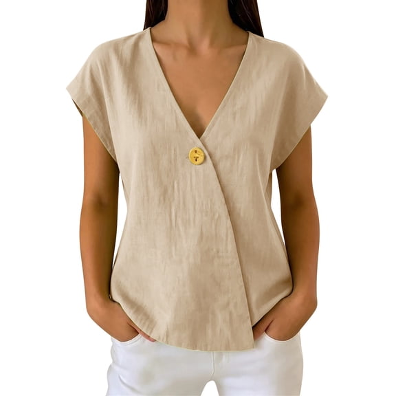 MEICHEN Women's Cotton Linen T Shirt Short Sleeve Wrap Style V Neck Top Casual Loose Fit Top Summer Essentials Tops for Women