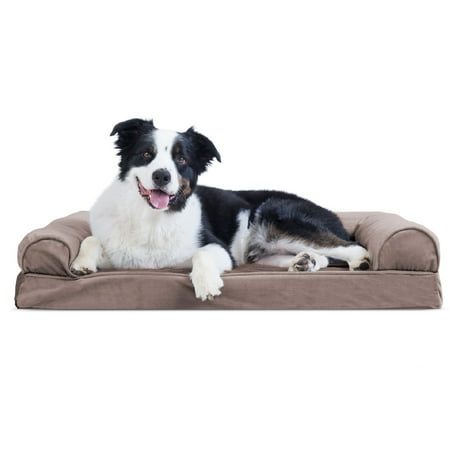 UPC: 0842229117479 | FurHaven Pet Products Faux Fur & Velvet Cooling Gel Memory Foam Sofa-Style Pet Bed for Dogs & Cats – Driftwood Brown Large