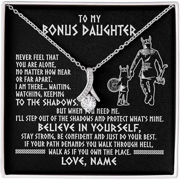 Birthday Gift Bonus Daughter from Bonus Dad, Zircon Necklace for Her, Necklace To My Beautiful Bonus Daughter, Necklace for Step Daughter from Step Father with Message Card and Gift Box