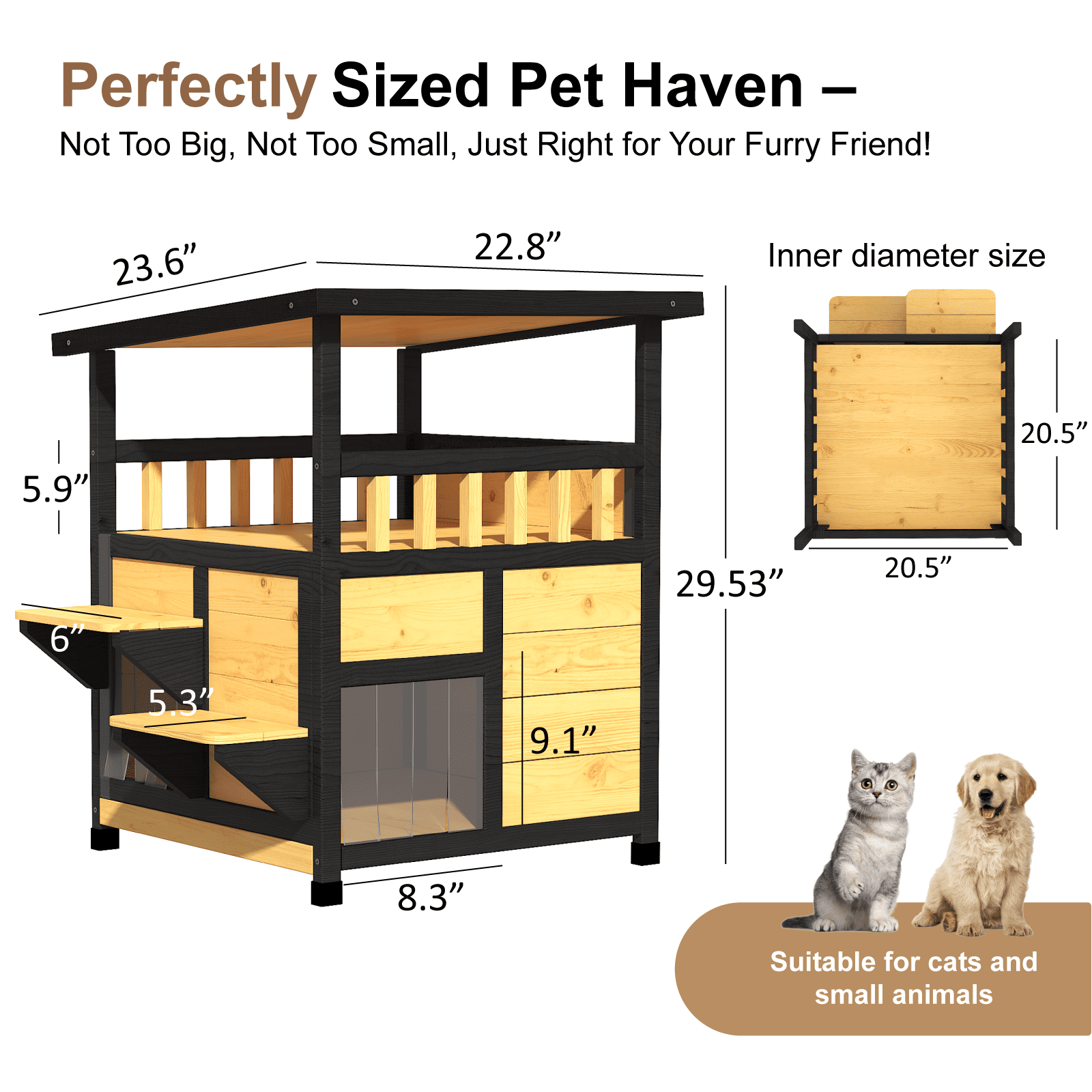 TIMHAKA 2-Story Outdoor Cat House, Wooden Feral Cat Shelter w/ Escape Door, Pull-Out Bottom & Scratching Mat