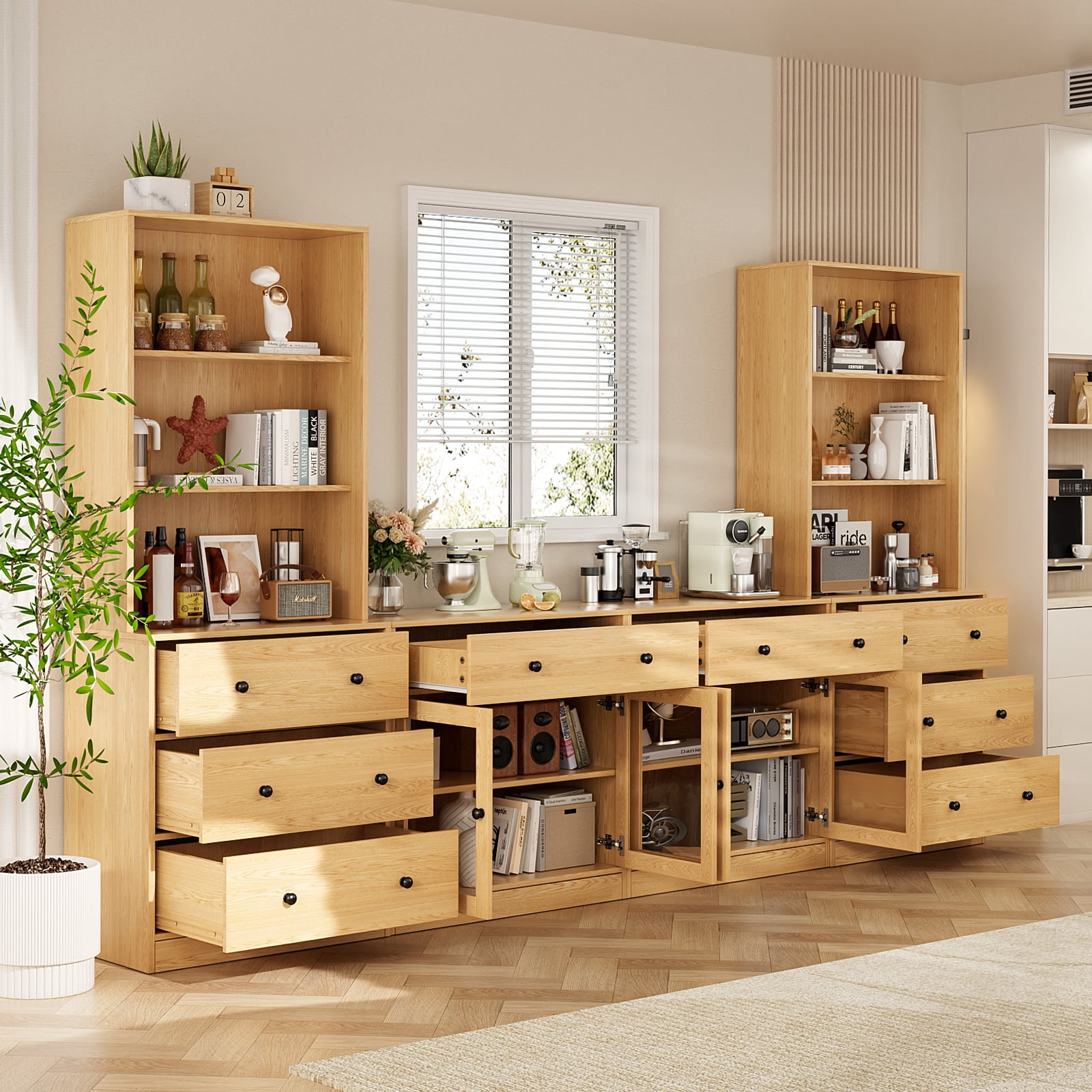 RichYa 4Pcs Kitchen Pantry Storage Cabinet,Modular Furniture Cabinets with Drawers,Hutch Buffet Cabinet with Display Glass Doors for Dining Room,Wood