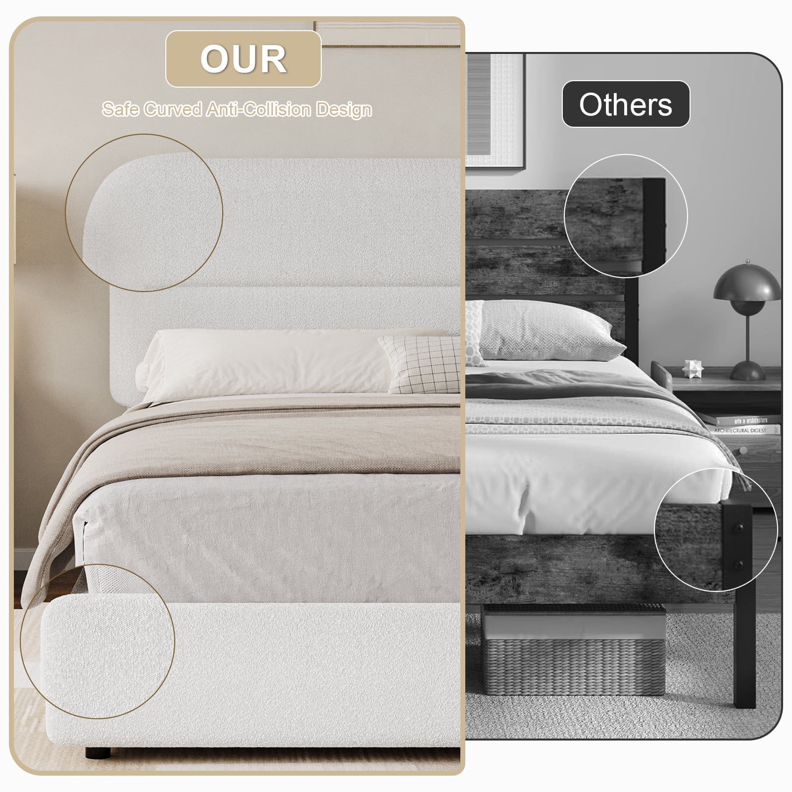 4 Ever Winner Modern Boucle Upholstered Queen Bed Frame with Headboard, Rounded Corners, No Box Spring Needed, White
