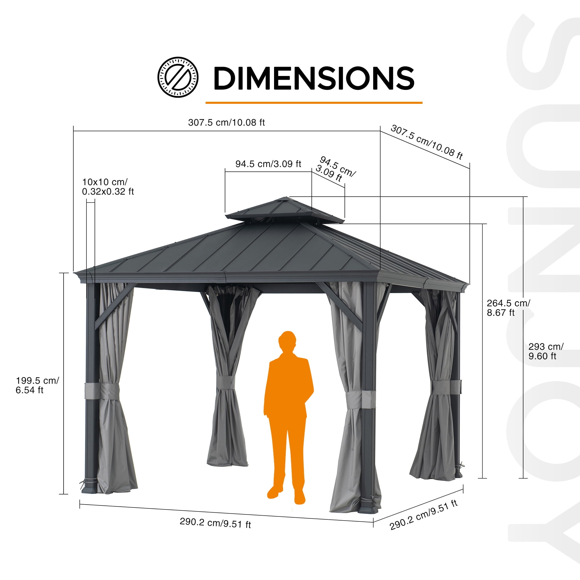 Sunjoy 10 ft. x 10 ft. Hardtop Gazebo, Outdoor Patio Aluminum Frame Gazebo with 2-Tier Steel Hardtop Backyard Gazebo with Netting, Curtain, and Ceiling Hook