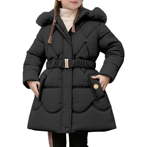 Krdevn Long Waist Winter Coat for Girls with Warm Filling and Detachable Hood,120=L