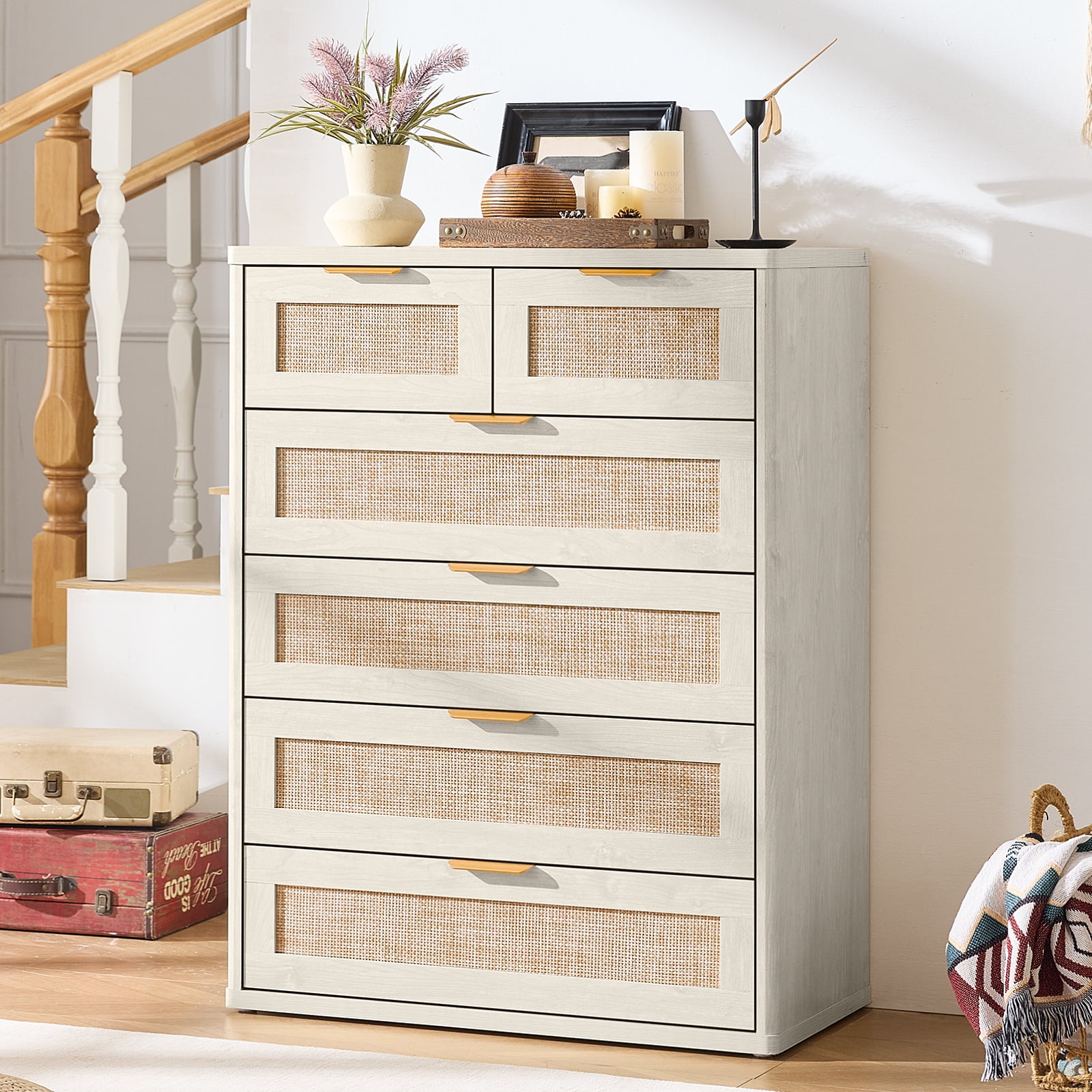 6 Rattan Drawer Dresser, Rustic White Dressers for Bedroom with Chest of Drawers, Wooden Cabinet for Bedroom, Living Room, Entryway