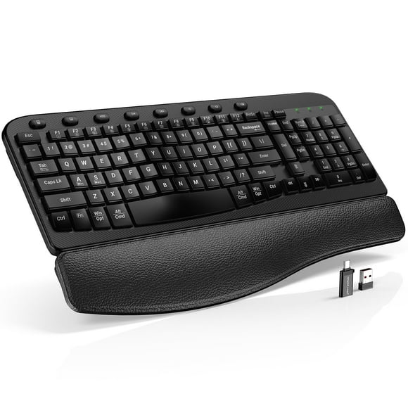 SABLUTE Wireless Keyboard - Ergonomic Wave Keys, Cushioned Wrist Rest, Comfortable Natural Typing, 2.4GHz Cordless Full Size Keyboards for Multi-OS, Windows/Mac PC, Laptop (Black)