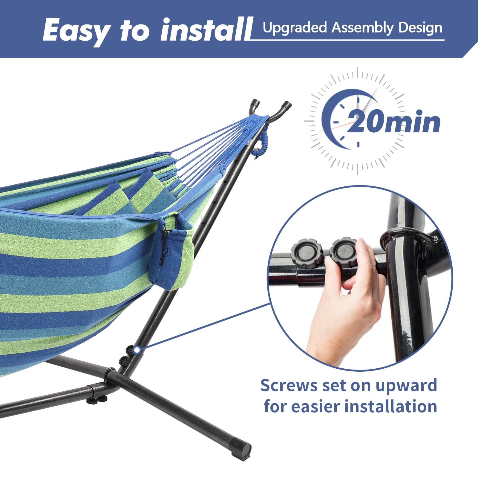 Ktaxon 9ft 200*150cm Polyester Cotton Hammock Hammock Set Blue Strip