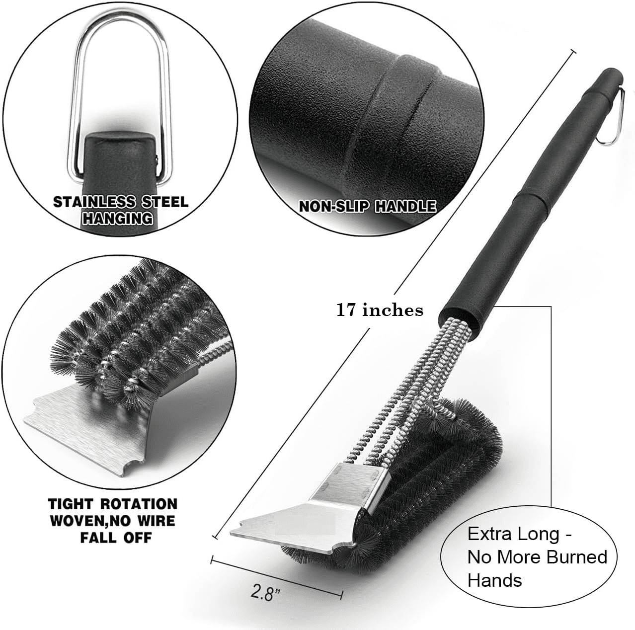 Pork Barrel BBQ Heavy Duty Grill Brush for Outdoor Grill - 3-in-1 Stainless Steel Wire Brush, Scraper & Grill Cleaner