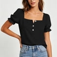 thumbnail image 6 of ClodeEU Women's Square Neck Puff Sleeve Button Blouse,Casual Short Sleeve Top for Summer Black,Women's Plus L, 6 of 8
