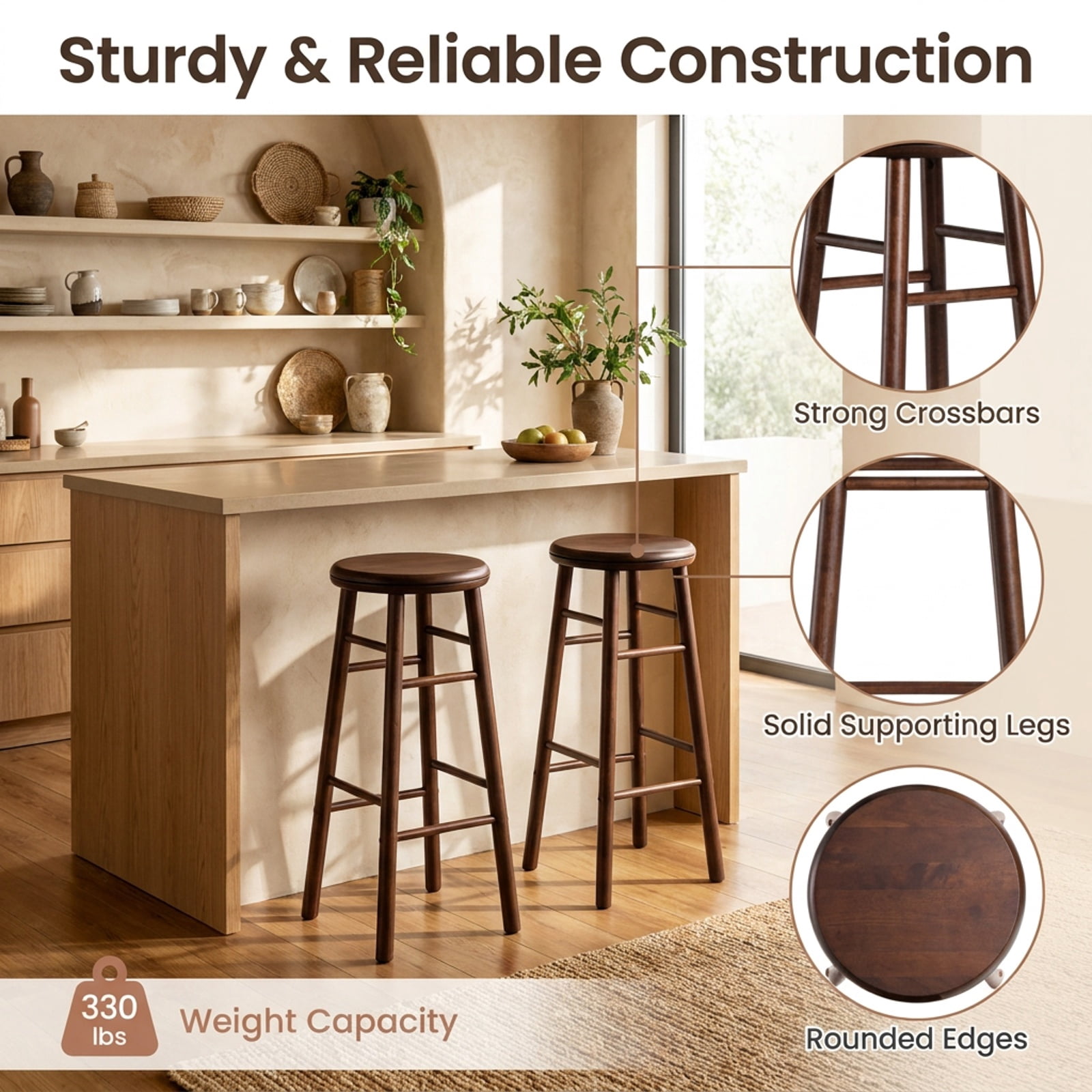 Furnibear 29" Swivel Bar Stools Set of 2 with Footrests & Crossbars for Kitchen Island Counter Bar Pub Dining Home, Walnut