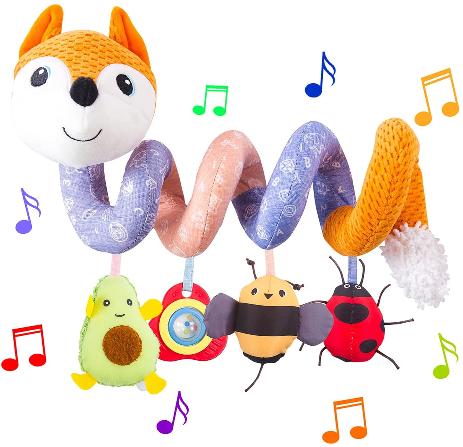 car seat toy, baby orange fox spiral plush activity suspension toy car seat stroller bar crib cradle bed bell with music box BB squeak and rattle (orange)