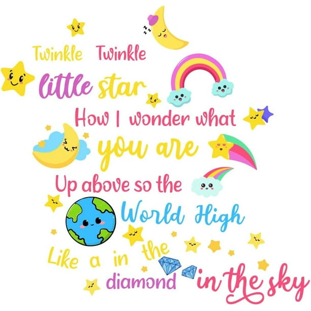 Pegatinas de pared con dibujos de estrellas y luna, para baby shower, fiestas, citas, decoración de pared para guardería, Twinkle Little Star Rhmye, vinilo decorativo de pared