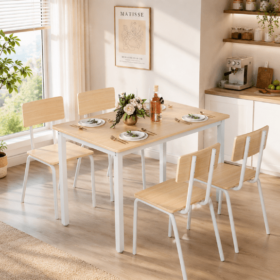 Homefun 5-Piece Dining Table Set,Rectangular Kitchen Table & 4 Chairs with Metal Frame, Easy Clean Small Space Dining Furniture