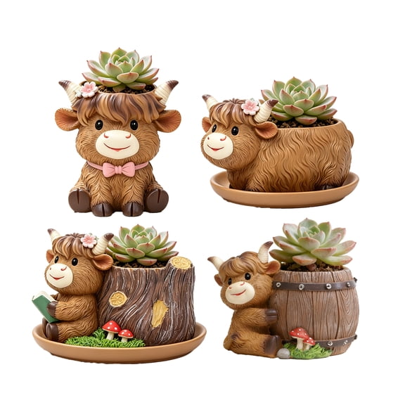 Qocolcyl Under $10 Highland Cow Succulent Planter, Cute Resin Animal Figurine Flower Pot, Cartoon Cow Desktop Planter for Indoor Desk Windowsill Home Decor, Gift for Highland Cow Lovers