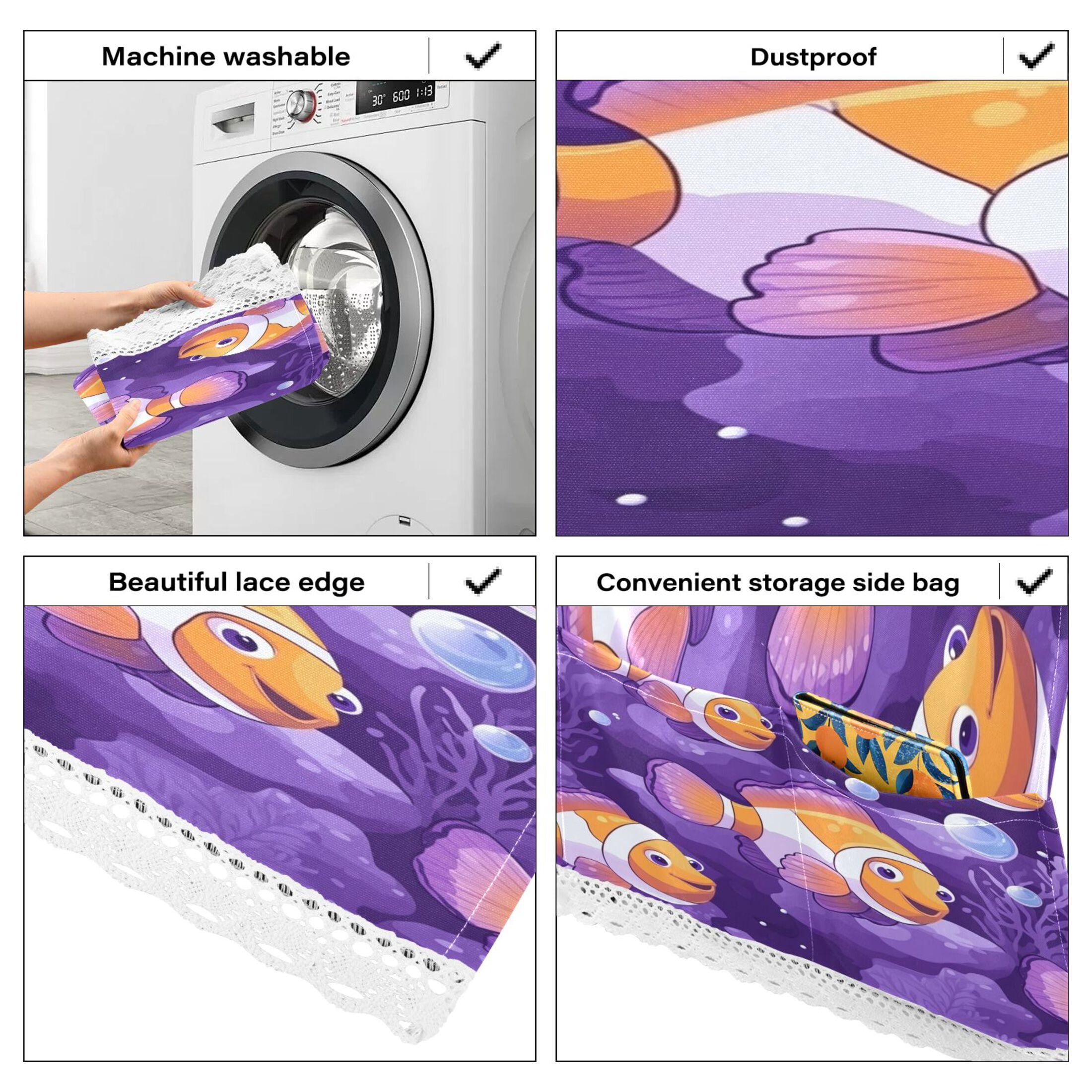 Washing Machine Cover 51.2x22in, Durable Polyester Dust Cover with Lace Trim and Side Pocket for Appliances Tropical Clownfish