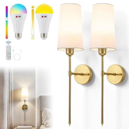 RELOIVE Wall Lights Set of 2 Battery Operated,Wireless Rechargeable Wall Lights with Remote & Touch Control, 5000mAh 7W, 3 CCT & 12 RGB Colors, Dimmable, Timer for Bedroom Living Room