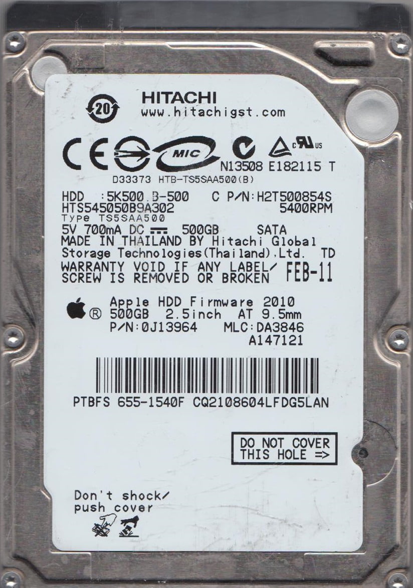 HTS545050B9A302, PN 0J13964, MLC DA3846, Hitachi 500GB SATA 2.5