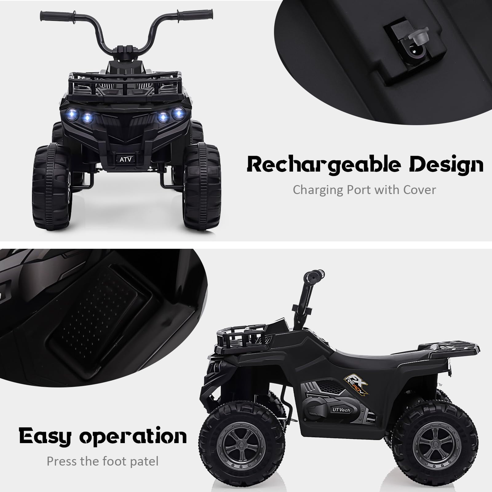 TROPOW 12V Ride On Toys for Boys,Kids Ride On ATV,4 Wheeler Electric Vehicle for Kids,Battery Powered Quad Toy Vehicle with Music,Horn,High Low Speeds,Led Lights,Electric Ride On Toy,Black