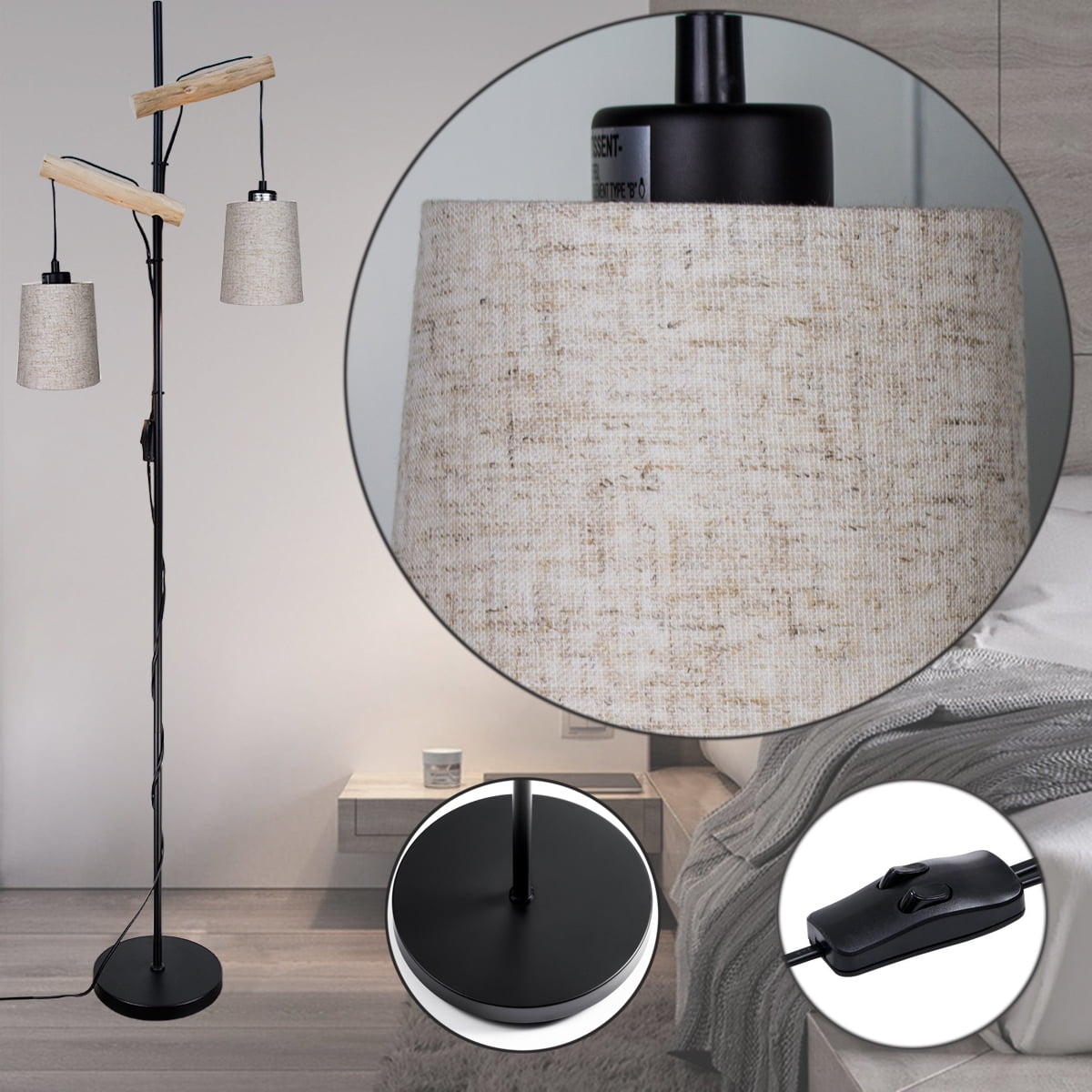 Hanging 2 Lights Floor Lamp Rustic Farmhouse Tall Standing Lamps with Double Fabric Lampshade Floor Lamps for Living Room Bedroom Office Home Lighting Decor.
