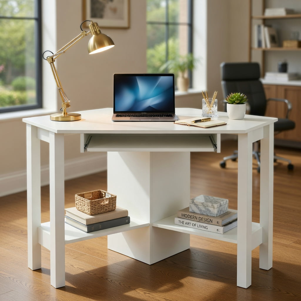 Yardi Yard Wooden Study Computer Corner Desk with Drawer-White, Computer Desk, Gaming Computer Desks for Study,Working,Writing