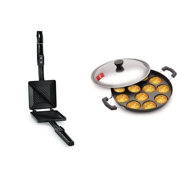 Duet 2-cut TSTDUET Gas Sandwich Toaster Black + 12 Cavity Black Appam Patra Side Handle With Lid, 23 Cm