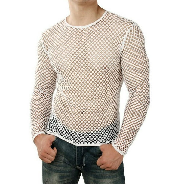 Men's Fishnet Shirt Long Sleeve Hollow-Out T-Shirt See-Through