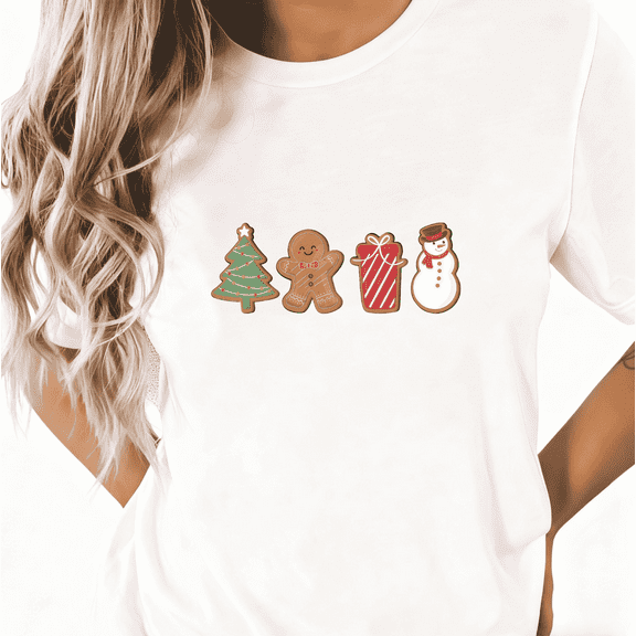 Women's White Print T-Shirt Graphic Tee Christmas Cookie Icons (Tree, Gingerbread, Gift, Snowman) Festive Holiday Casual Tops S-5XL