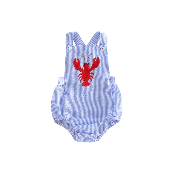 BemeyourBBs Toddler Baby Boy Girl Crawfish Outfit Summer Clothes Baby Striped Overalls Romper Lobster Embroidery Sleeveless Jumpsuit Bodysuit Playsuit