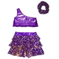 thumbnail image 4 of Alvivi Kids Girls 3 Piece Dance Outfits Sequins Crop Top with Skirt Jazz Latin Performance Costume Purple 14, 4 of 6