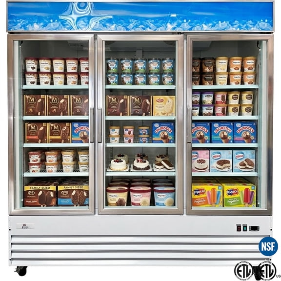 Commercial 3-Door Glass Door Freezer Merchandiser, 52 Cu.Ft Upright Display Freezer with LED Lighting, NSF Certified